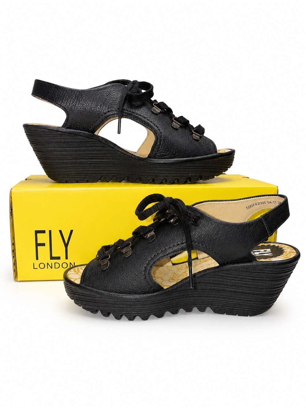 Fly London Mousse Black Lace-Up Wedge Sandals Women’s EU 38 US 7.5-8 Leather - Picture 2 of 9